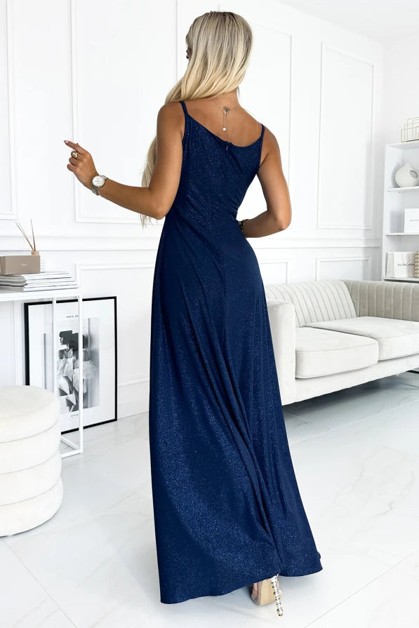 Abito lungo elegante maxi con spalline - BLU NAVY CON GLITTER