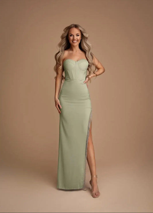 Abito Lungo Bustier con Spacco Decorato