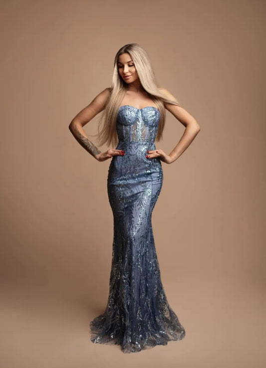 Abito Lungo a Sirena Decorato con Paillettes